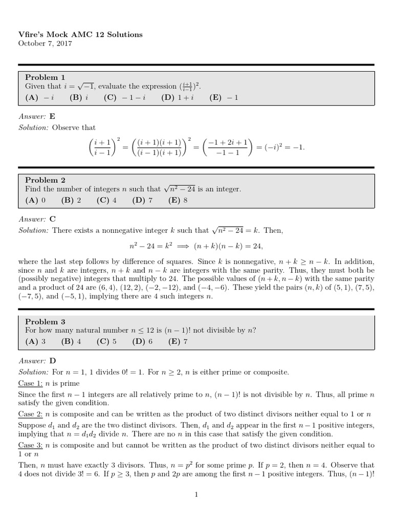 AMC 12 Mock Solutions by Vfire | PDF | Square Root | Elementary Mathematics