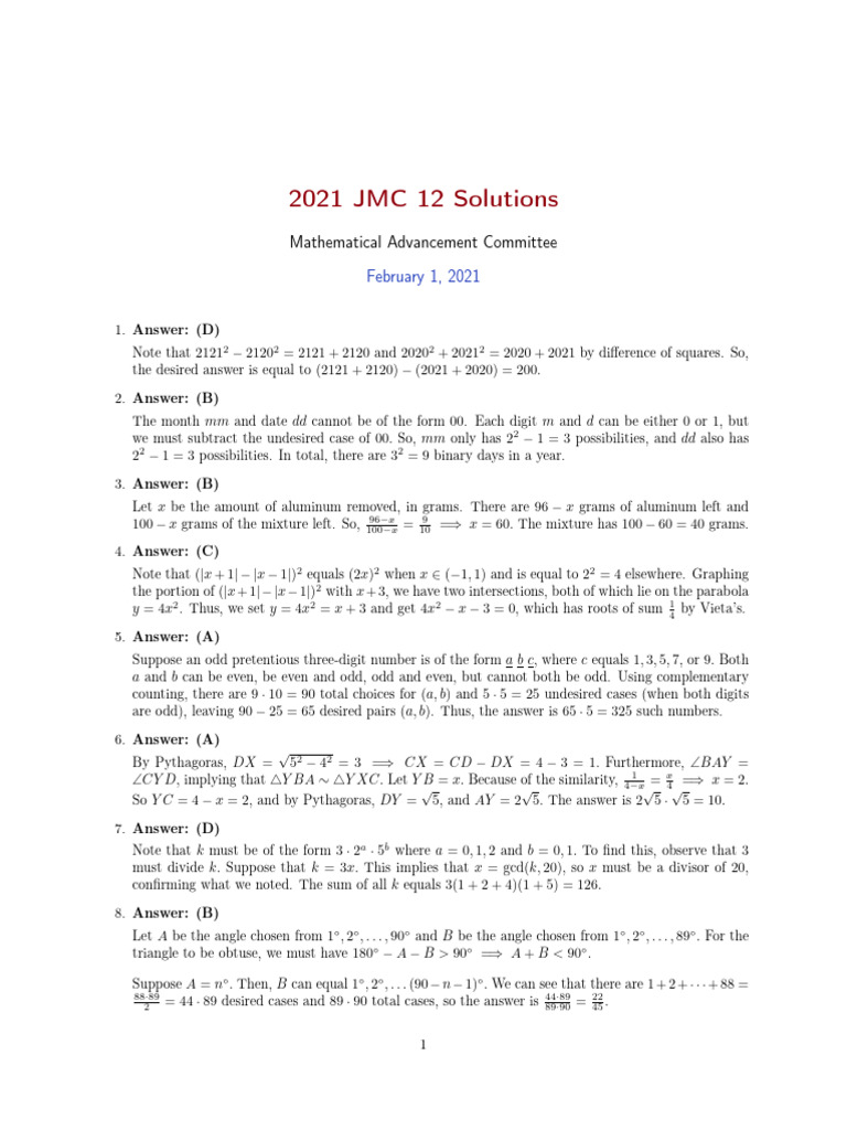 2021 JMC 12 Math Solutions Explained | PDF | Number Theory | Elementary ...