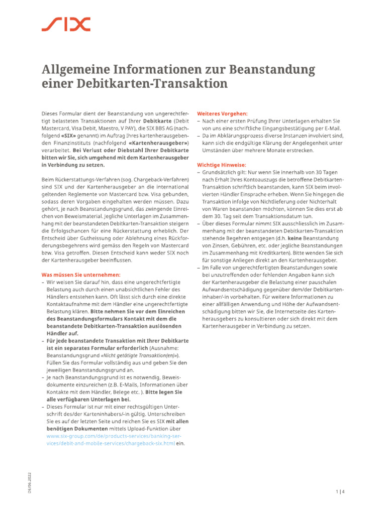 SIX Chargeback Form de | PDF