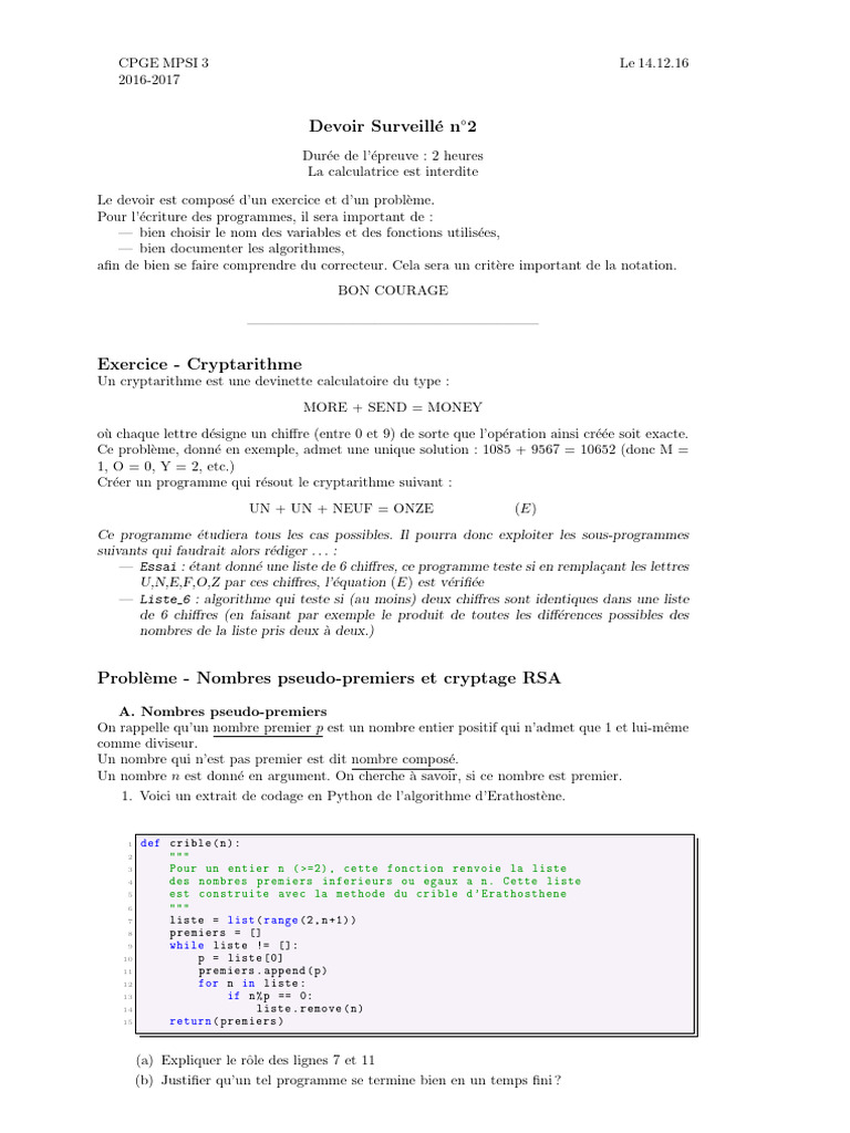 Devoir Surveillé CPGE MPSI 3 - Cryptographie et Algorithmes | PDF ...