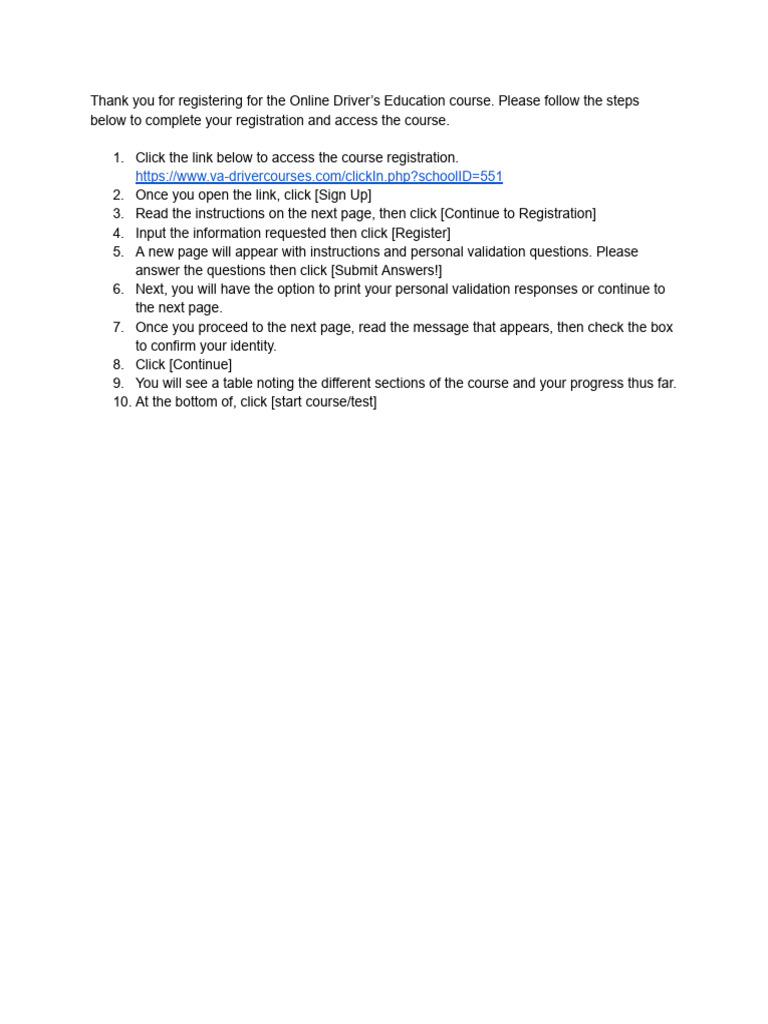 ONLINE Driver's Education Course Registration Instructions | PDF