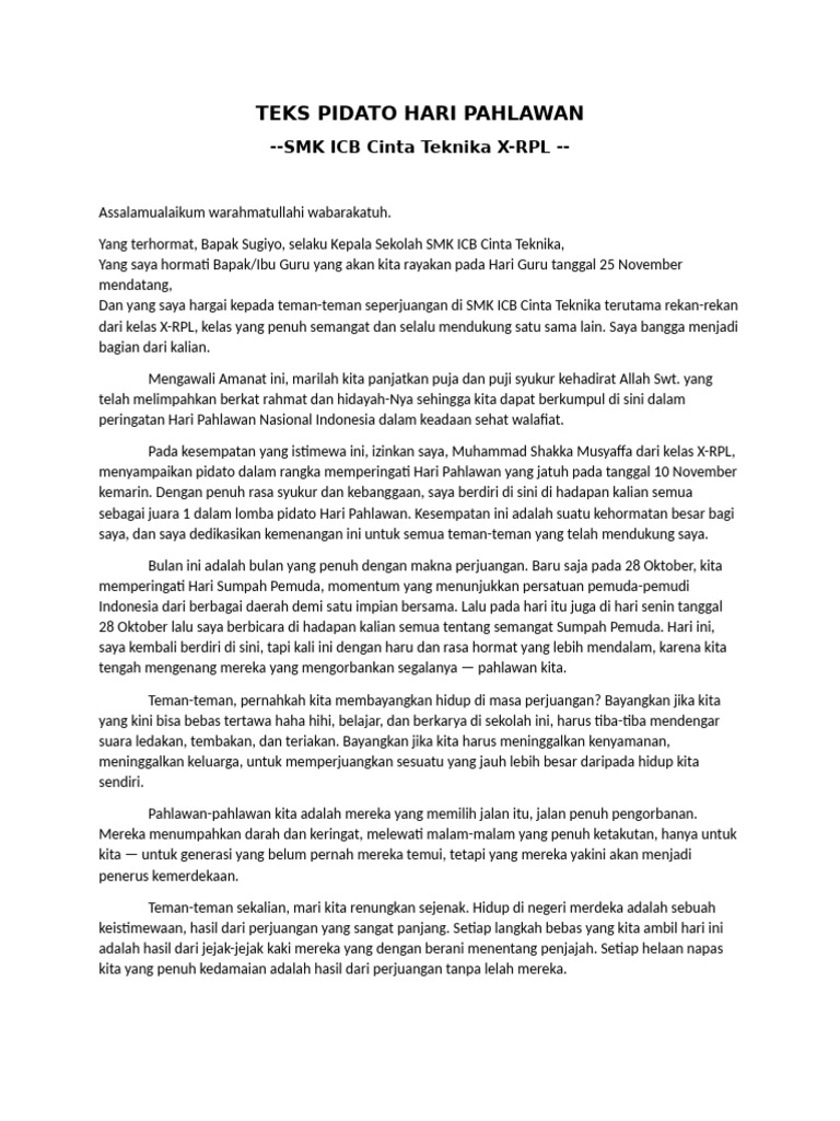 Pidato Hari Pahlawan SMK ICB Cinta Teknika | PDF