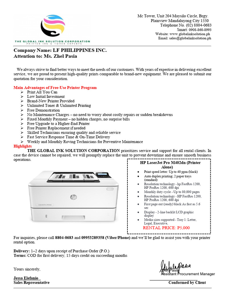 LF Philippines Inc. Printer Quotation m402 | PDF | Printer (Computing ...