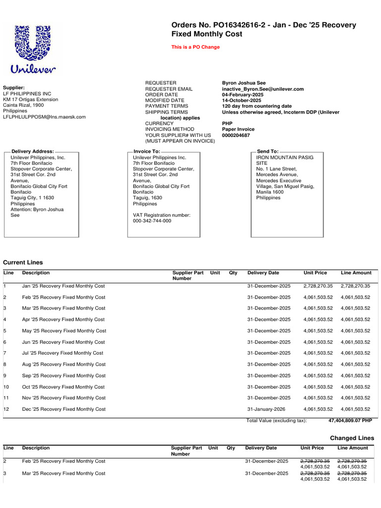 Orders No. PO16342616-2 - Jan - Dec '25 Recovery Fixed Monthly Cost ...