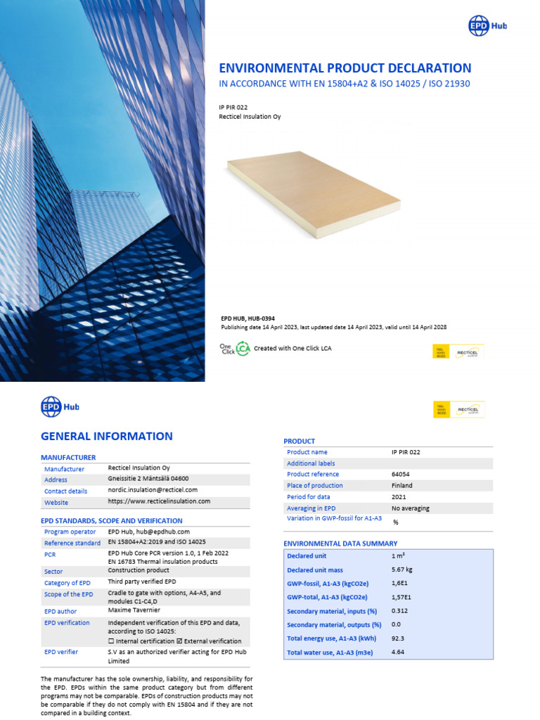Environmental Product Declaration for IP PIR 022 | PDF | Life Cycle ...