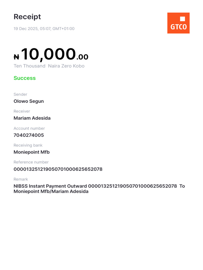 Successful Payment Receipt - ₦10,000 Transfer | PDF