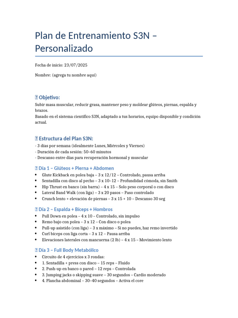 Plan de Entrenamiento S3N Personalizado | PDF