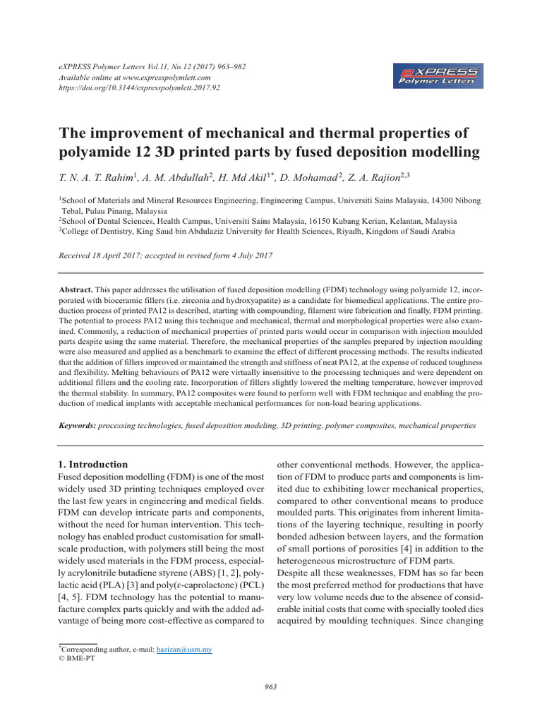 The Improvement of Mechanical and Thermal Properties of PA12 3D Printed ...