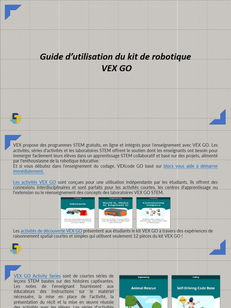 Guide d'utilisation du kit VEX GO STEM | PDF | Apprentissage ...