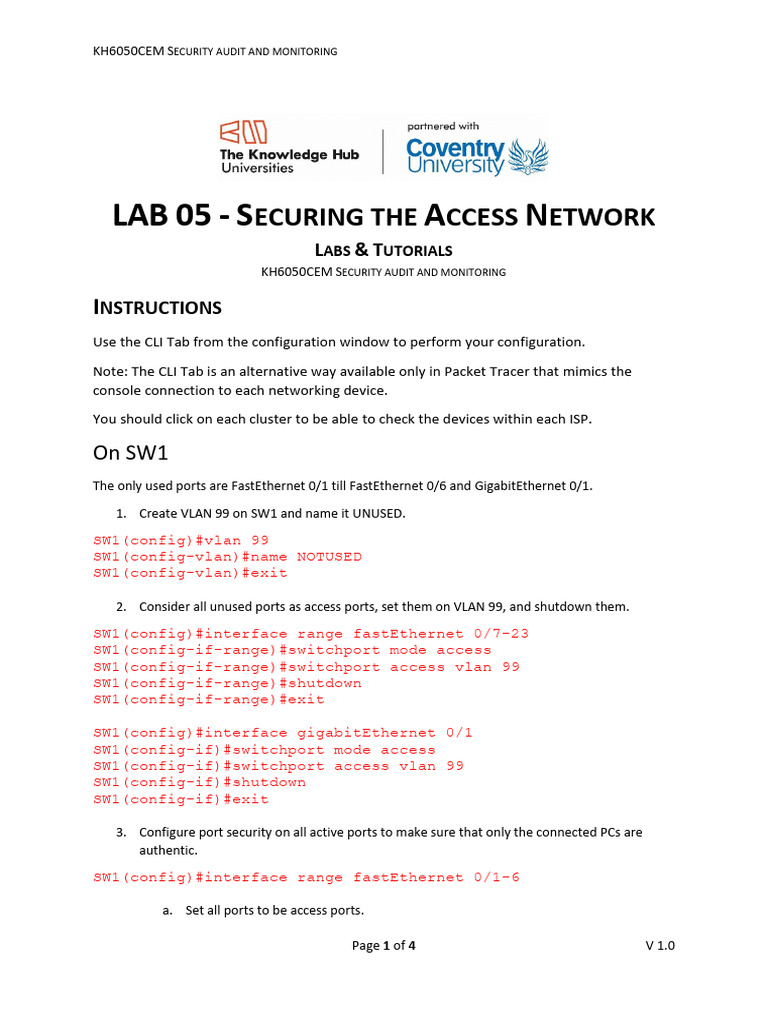 LAB 05 - Securing The Access Network - Answers | PDF | Secure Shell |  Command Line Interface