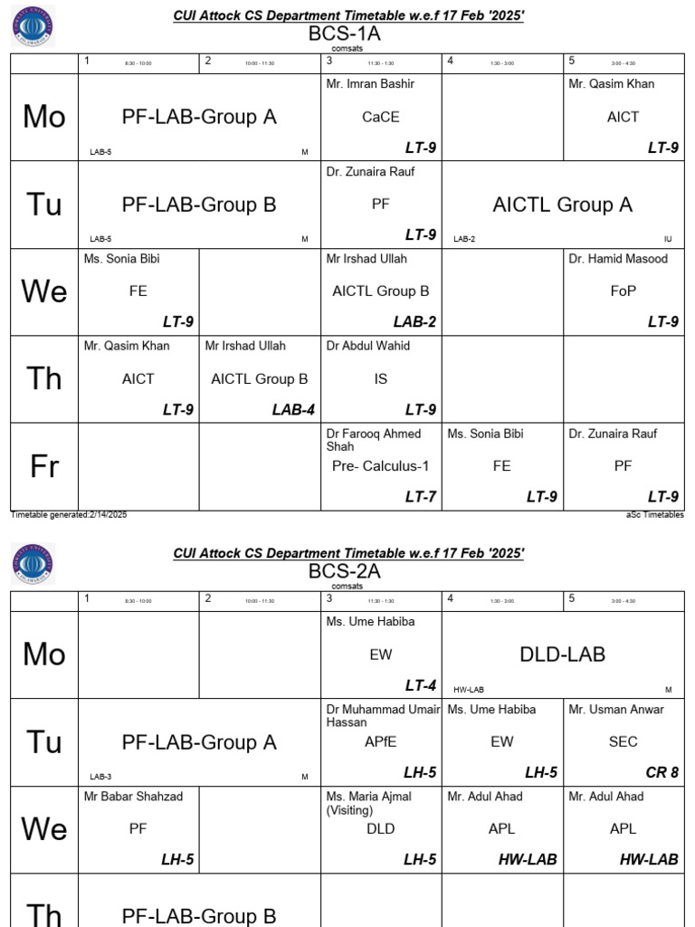 CUI Attock CS Department Timetable 2025 | PDF