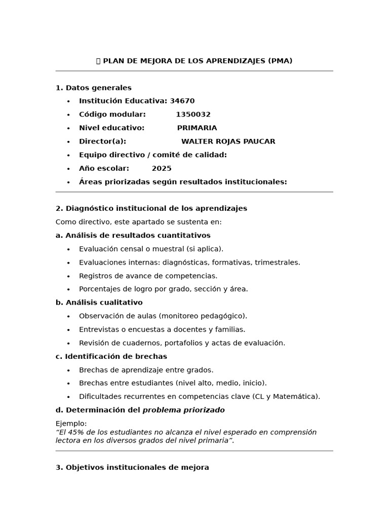 Plan de Mejora de Los Aprendizajes Nivel de I.E | PDF | Enseñando ...
