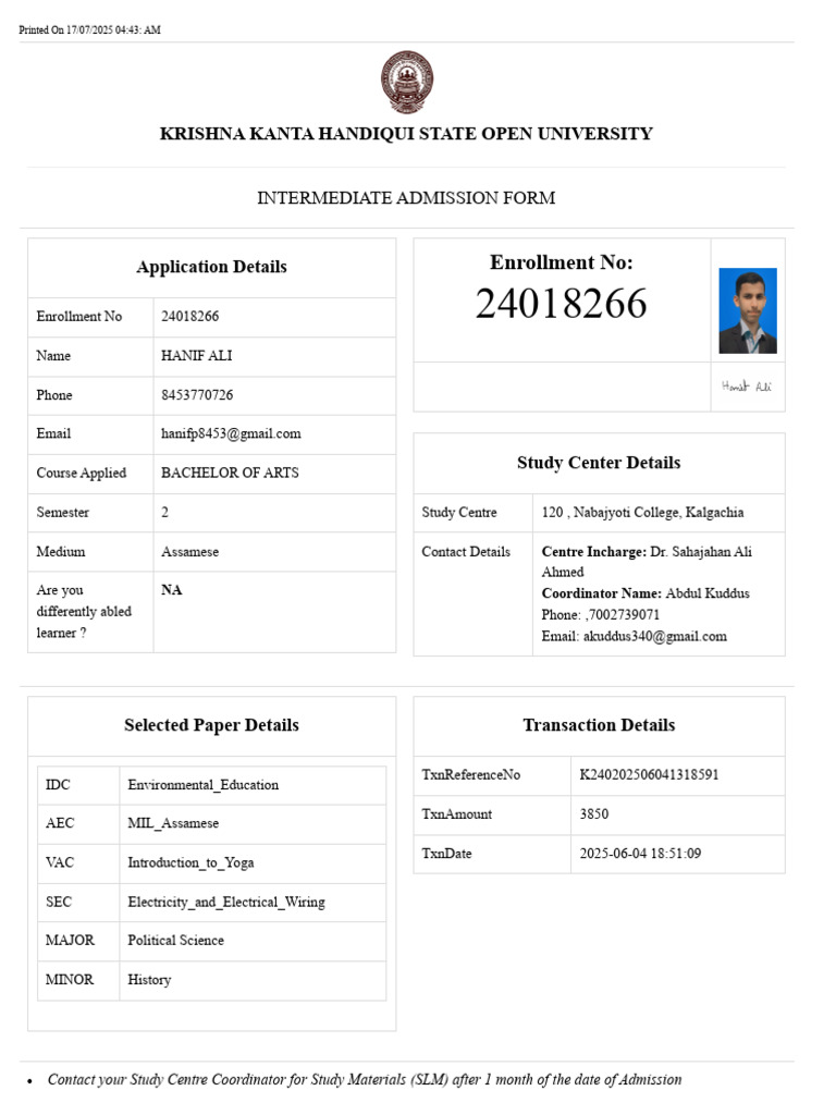 Intermediate Admission Form for BA | PDF