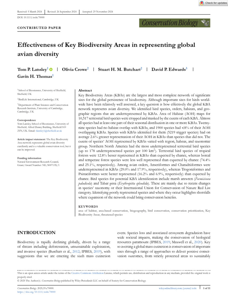 Key Biodiversity Areas and Avian Diversity | PDF | Biodiversity ...