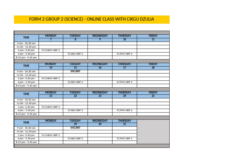 Schedule Class. f2g2 Science | PDF