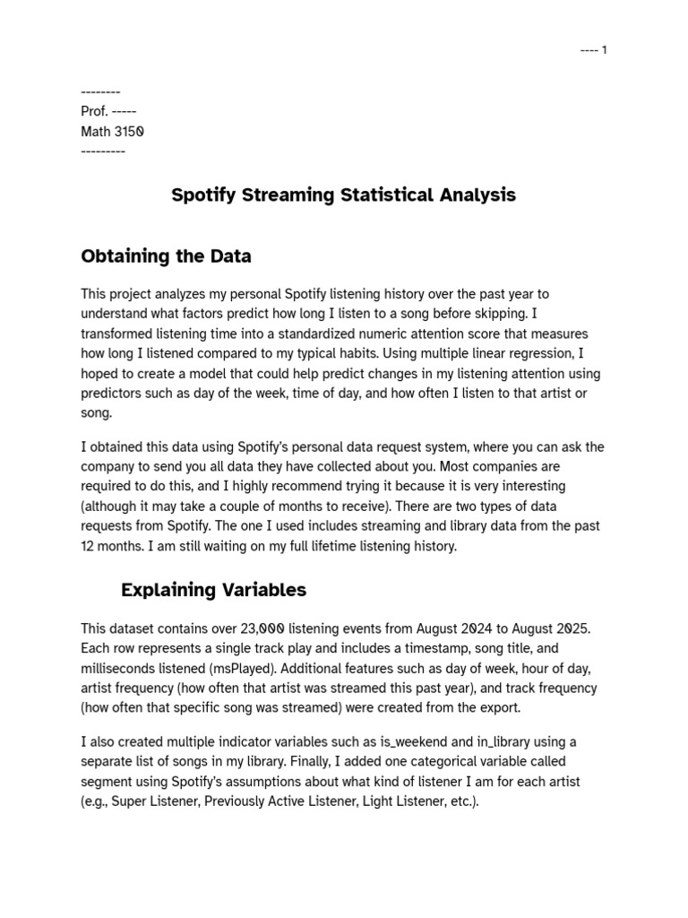 Spotify Listening Behavior Analysis | PDF | Dependent And Independent ...