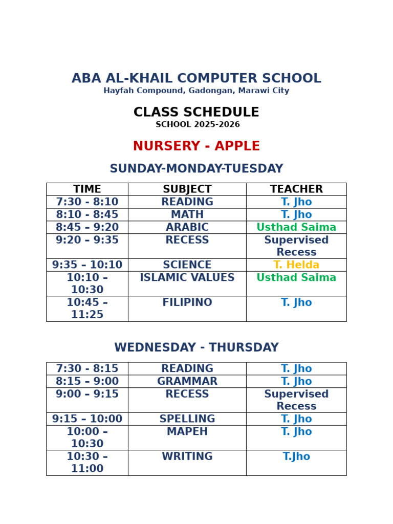 ABA Al-Khail Computer School Class Schedule | PDF