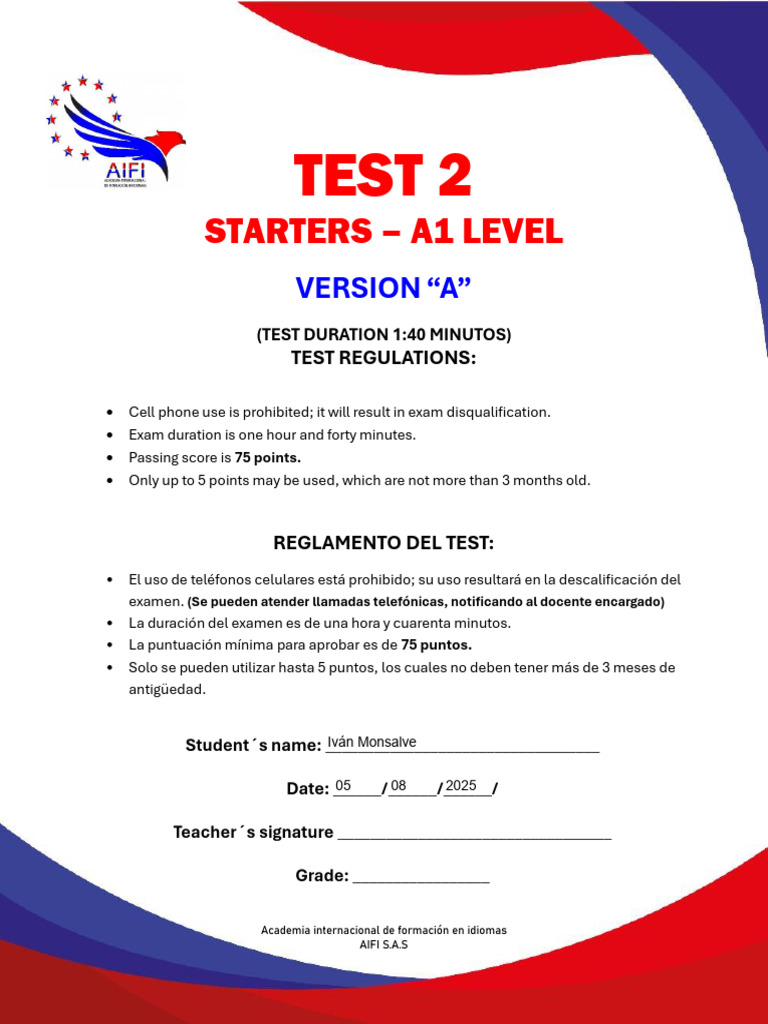Test 2 - Level A1 | PDF | Linguistics | Syntax