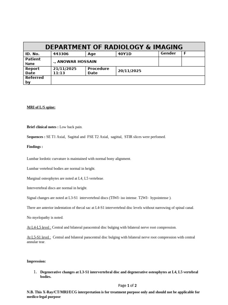 MRI Report: Lumbar Spine Findings | PDF