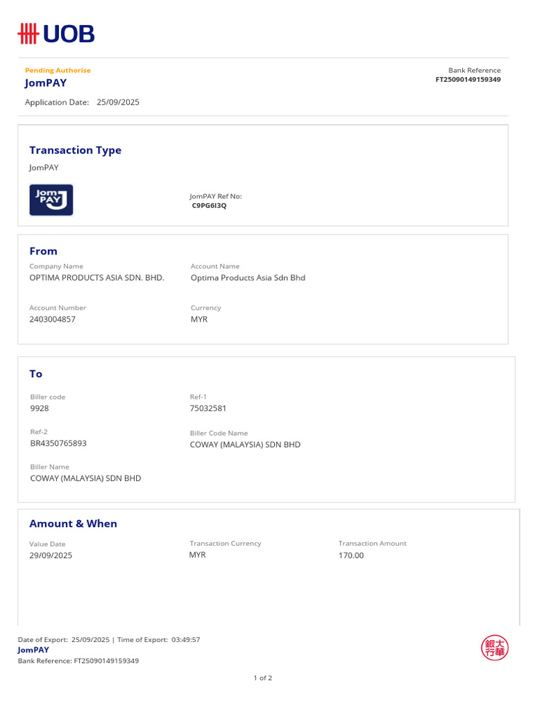 JomPAY Transaction Details for Coway | PDF