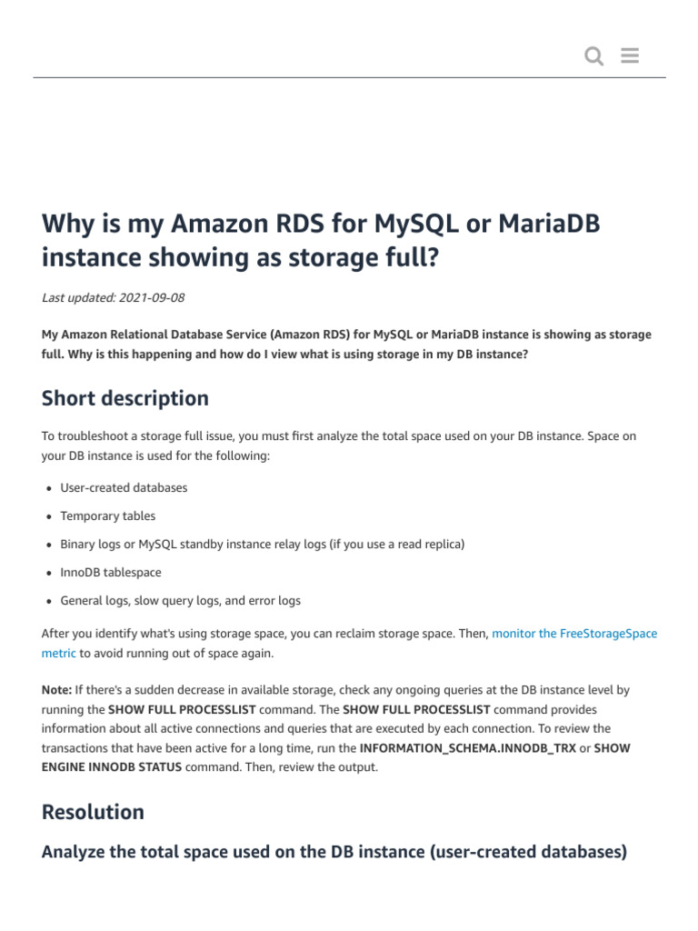 Troubleshoot Storage Full Issue in Amazon RDS For MySQL or MariaDB | PDF |  Amazon Web Services | Data Management