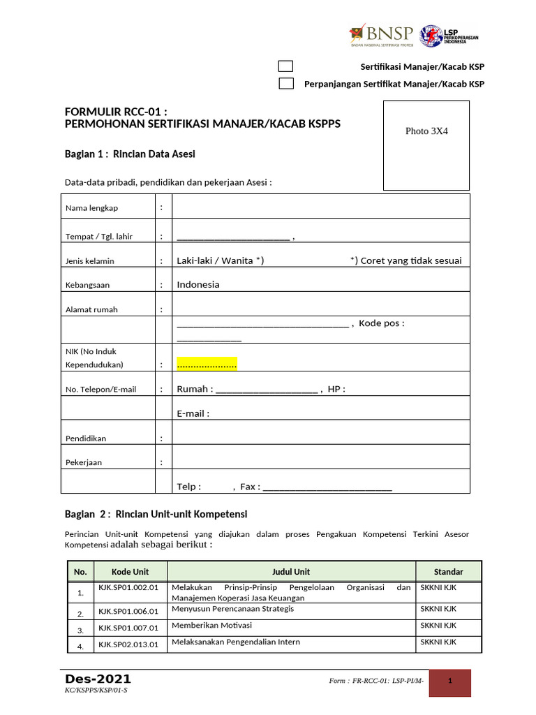 FR KSP Rcc-01 Permohonan Sertifikasi RCC Manajer KSP | PDF