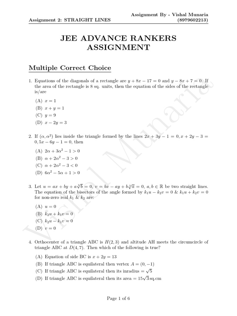Straight Lines Assignment Solutions | PDF | Elementary Geometry | Geometry