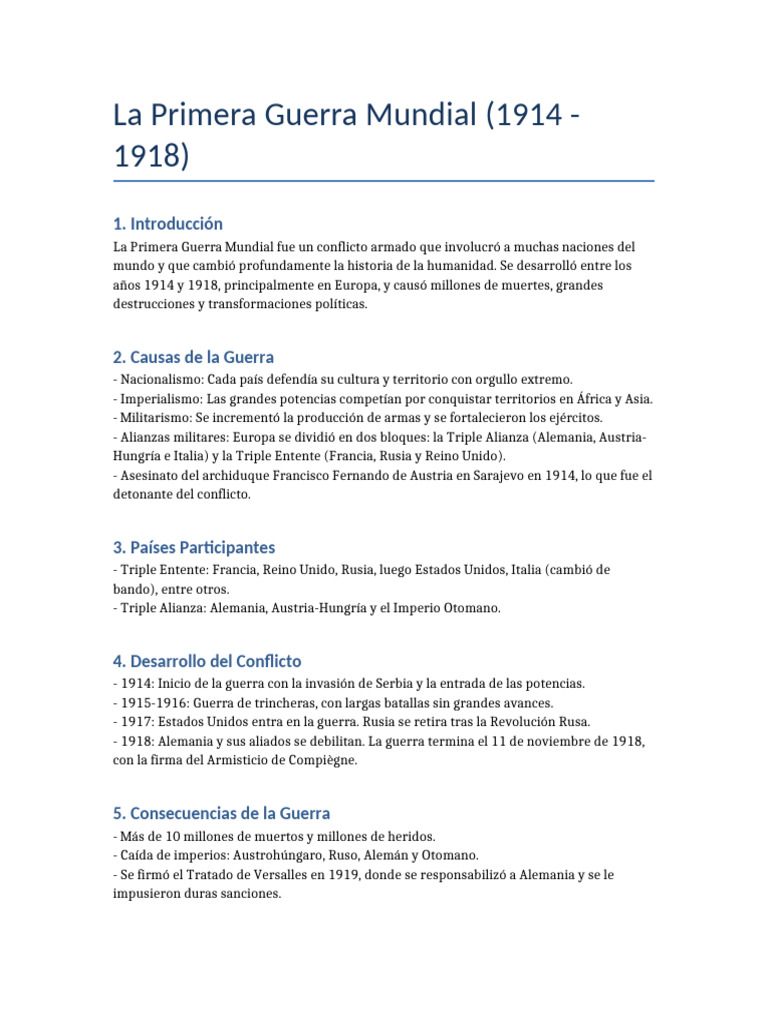 Causas y Consecuencias de la Primera Guerra Mundial | PDF | Primera ...