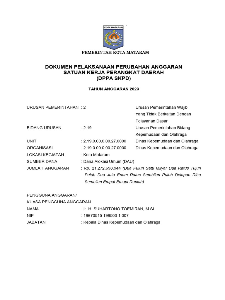DPPA SKPD Dinas Kepemudaan 2023 Mataram | PDF