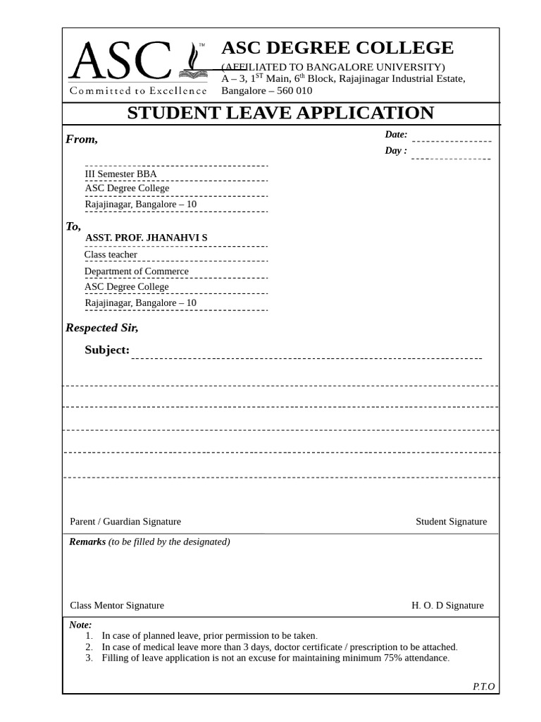 Student Leave Application Form | PDF