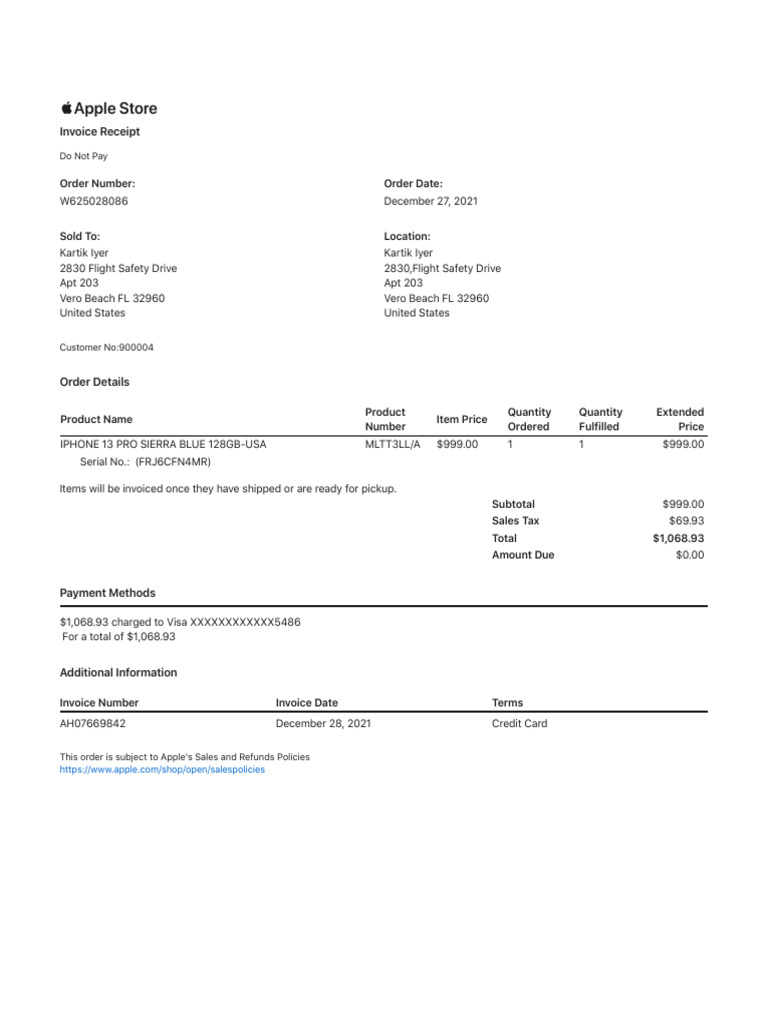 Apple Store Invoice for iPhone 13 Pro | PDF