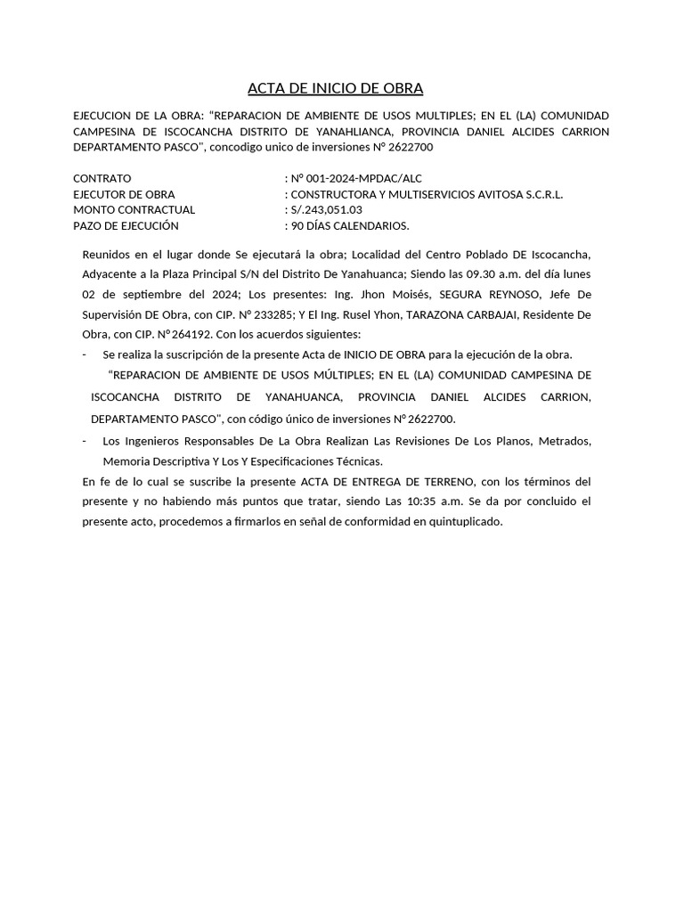 Acta de Inicio de Obra en Iscocancha | PDF