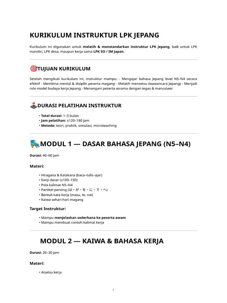 Kurikulum Pelatihan Instruktur LPK Jepang | PDF