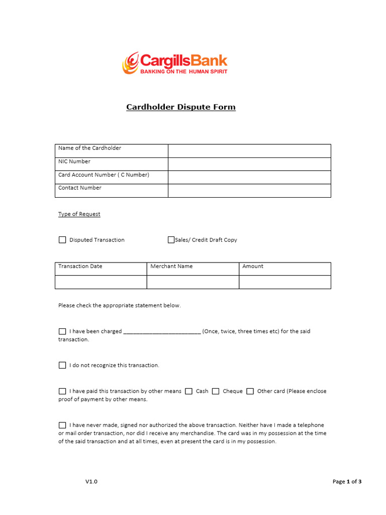 Cardholder Dispute Form | PDF | Credit Card | Banking