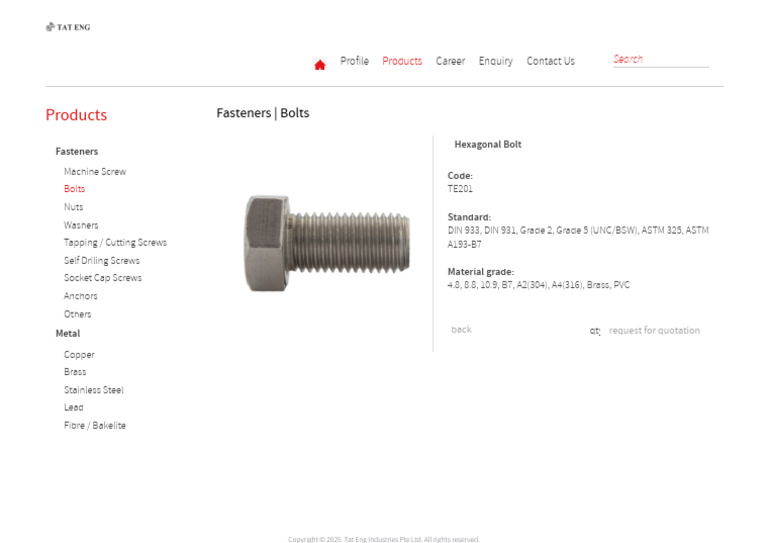 Tat Eng Industries _ Fasteners - Bolts - Hexagonal Bolt | PDF