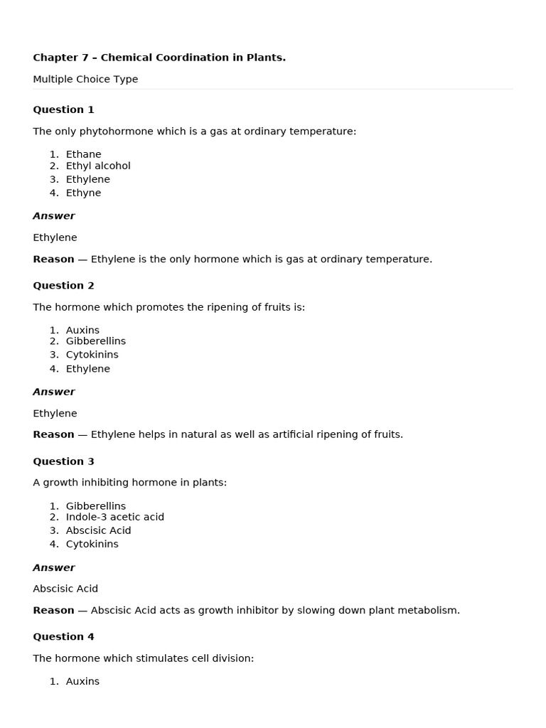 Chapter 7 Chemical Coordination in Plants | PDF | Plant Hormone | Auxin