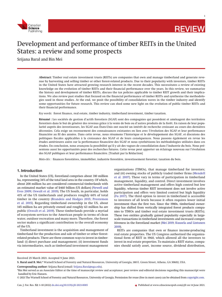 Baral Mei 2021 Development and Performance of Timber Reits in The ...