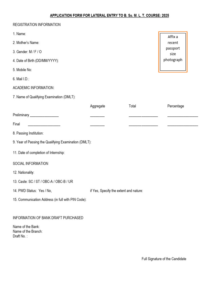 B.Sc. M.L.T. Lateral Entry Application 2025 | PDF