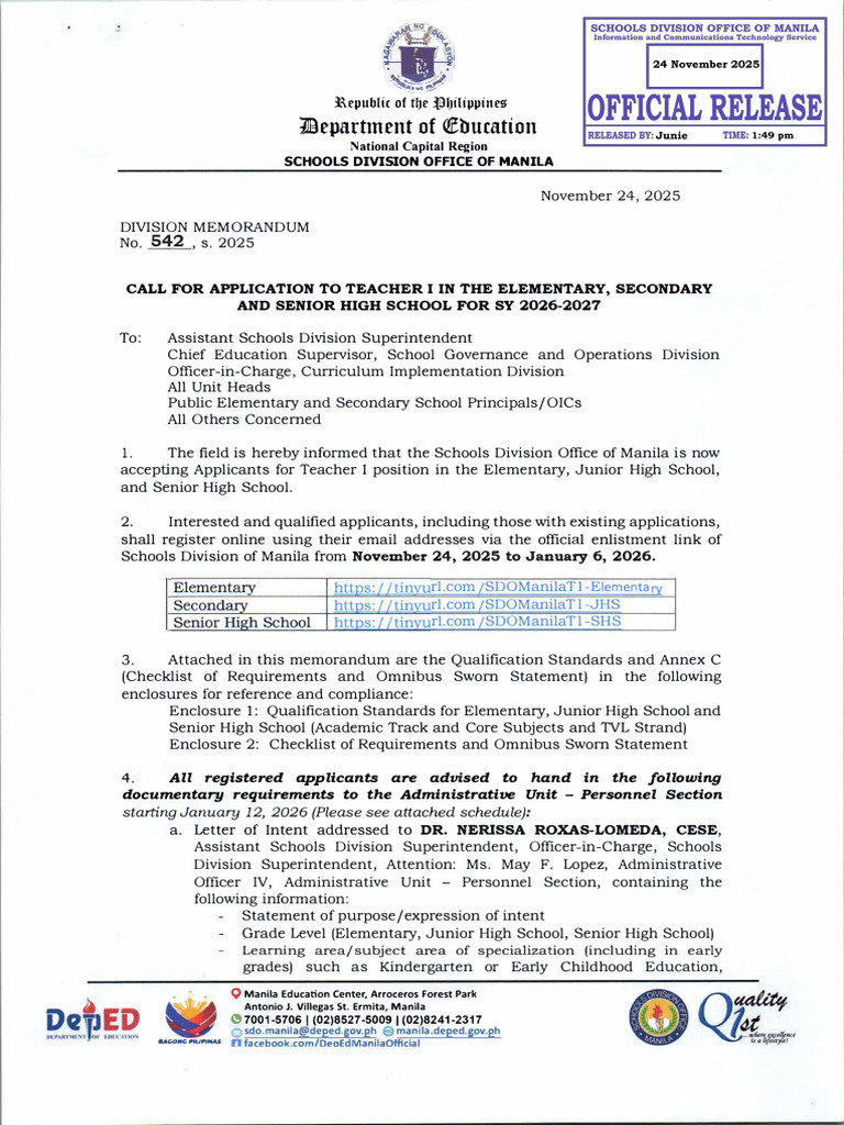 Teacher I Application Call for SY 2026-2027 | PDF