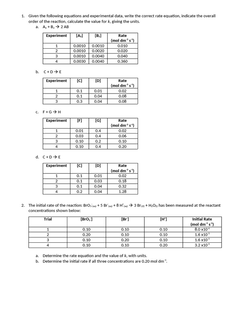 2. Rate Equation Worksheet | PDF | Chemical Reaction Engineering | Unit ...