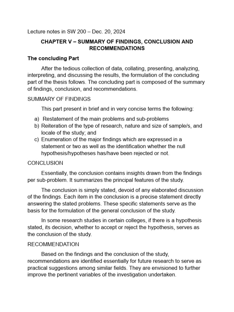 SW 200 - Chapter V of The Thesis (Summary - Conclusion and ...