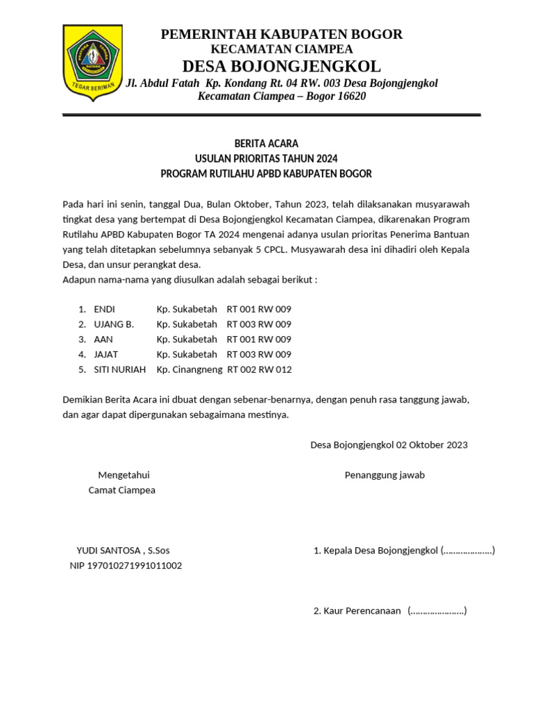 Usulan Rutilahu 2024 Desa Bojongjengkol | PDF