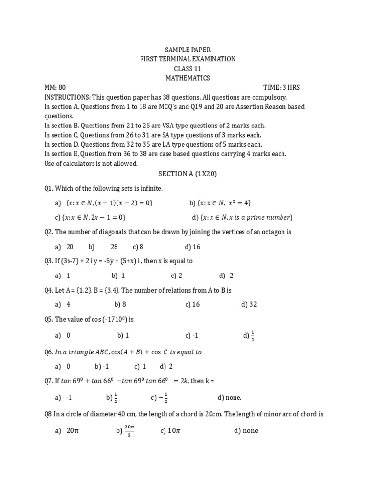 Class 11 Mathematics Exam Paper | PDF | Mathematical Objects ...
