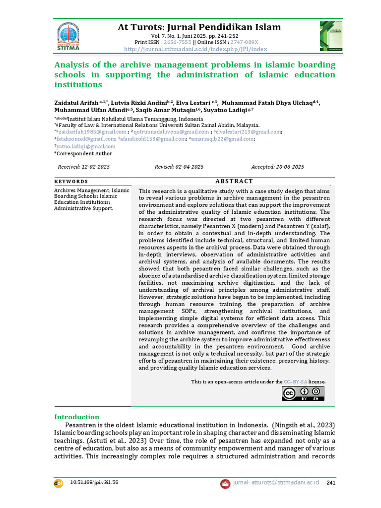Analysis of The Archive Management Problems in Islamic Boarding Schools ...