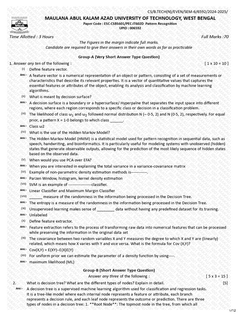 Pattern Recognition Exam Paper 2024 | PDF | Cluster Analysis | Normal ...
