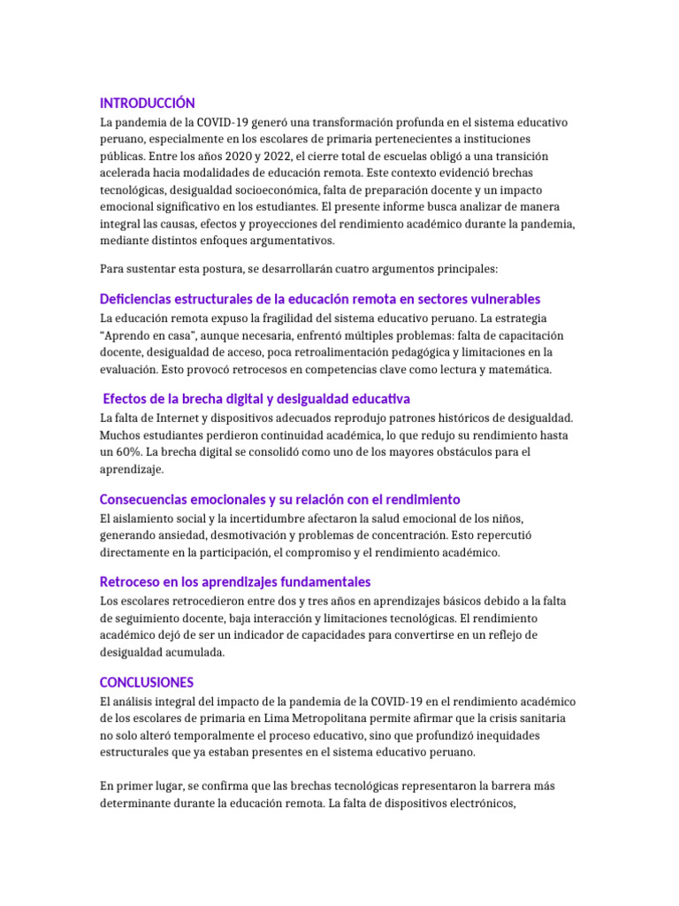 Impacto de la COVID-19 en la educación peruana | PDF | Las emociones ...