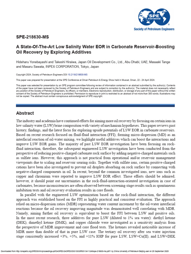 Low Salinity EOR in Carbonate Reservoirs | PDF | Enhanced Oil Recovery ...