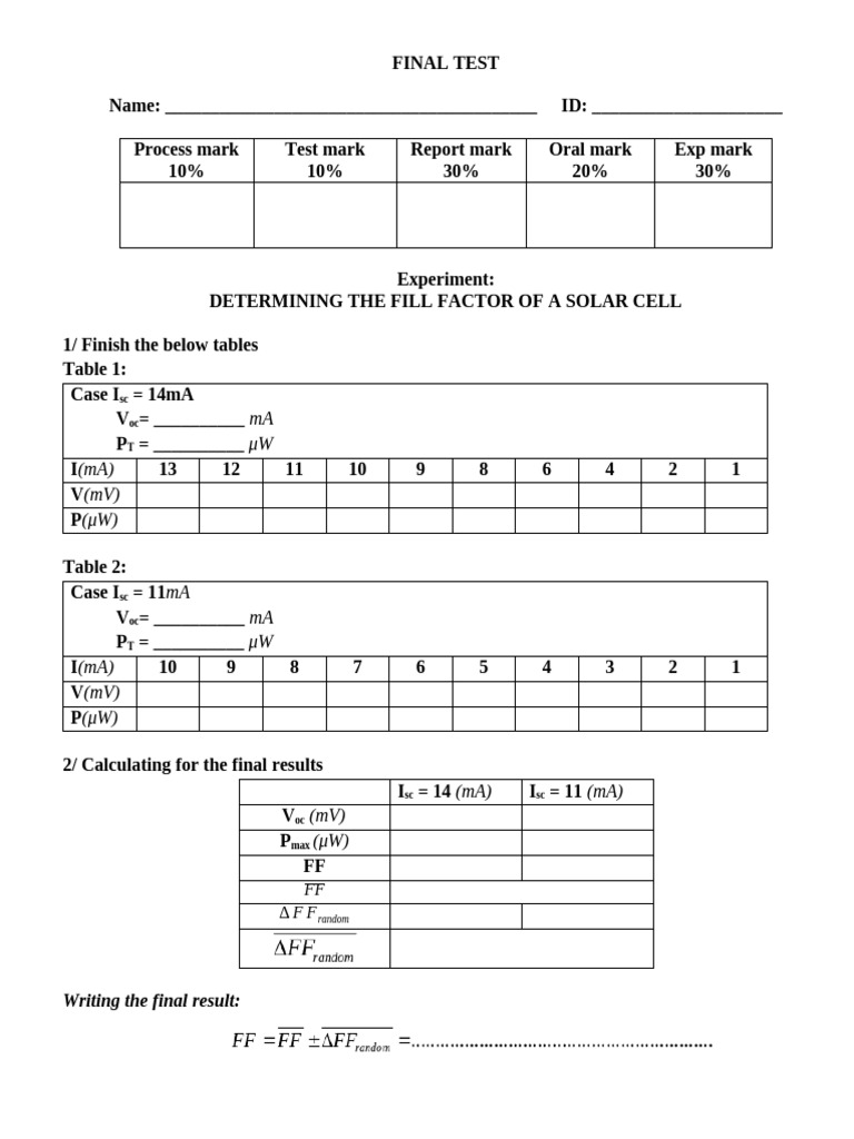 Solar Cell Fill Factor Experiment Test | PDF