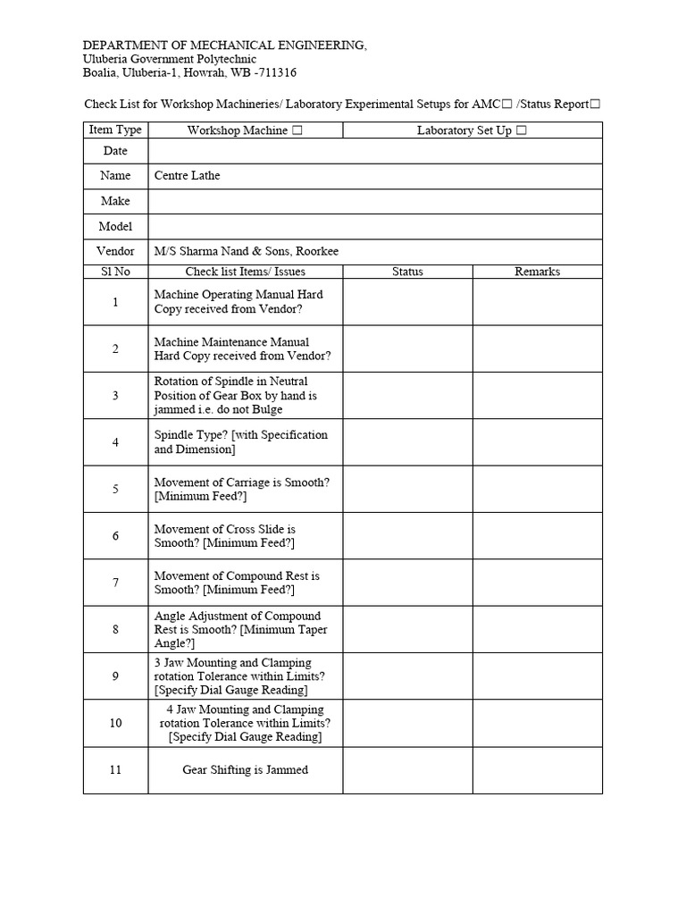 UGP DME Workshop Machines CheckList 1. Centre Lathe-1 | PDF | Gear ...
