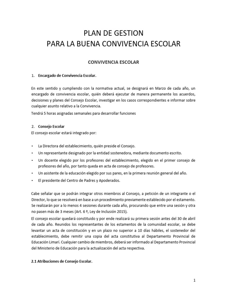 Plan de Gestión para Convivencia Escolar | PDF | Abuso sexual | Abuso ...